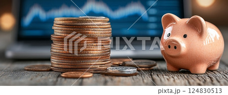 Golden Coins Stacked Beside Piggy Bank and Stock Market Graph Golden Coins Stacked Beside Piggy Bank and Stock Market Graph 124830513