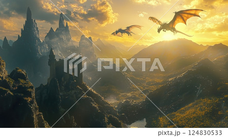 ドラゴンが飛ぶ幻想の城と山脈 ドラゴンが飛ぶ幻想の城と山脈 124830533