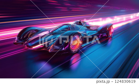 ネオンに包まれたレース中の近未来カー ネオンに包まれたレース中の近未来カー 124830619