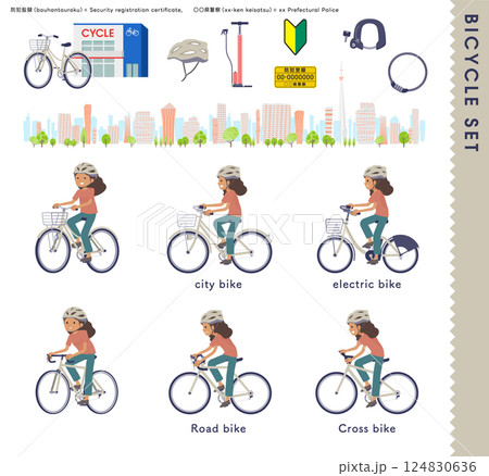 色々な自転車に乗る褐色肌女性のセット 色々な自転車に乗る褐色肌女性のセット 124830636