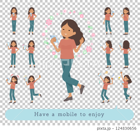 スマホを使って楽しむ褐色肌女性のセット スマホを使って楽しむ褐色肌女性のセット 124830656