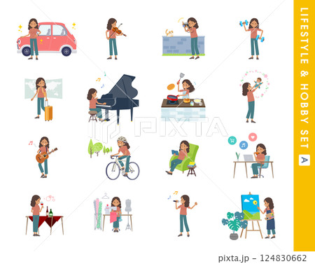 趣味とライフスタイルに関する褐色肌女性のセット。Aタイプ 124830662