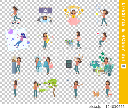 趣味とライフスタイルに関する褐色肌女性のセット。Bタイプ 124830663