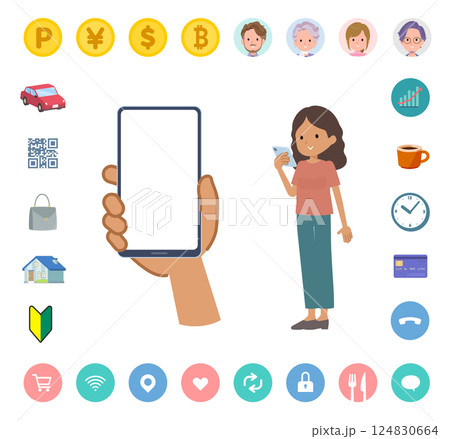 スマートフォンの画面を見る褐色肌女性のセット 124830664