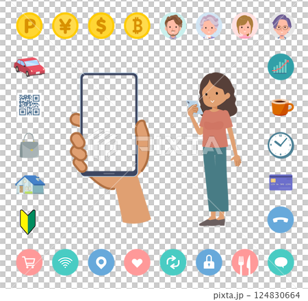 スマートフォンの画面を見る褐色肌女性のセット 124830664