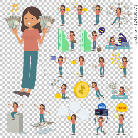 Set of dark skinned women about money and finances 124830671