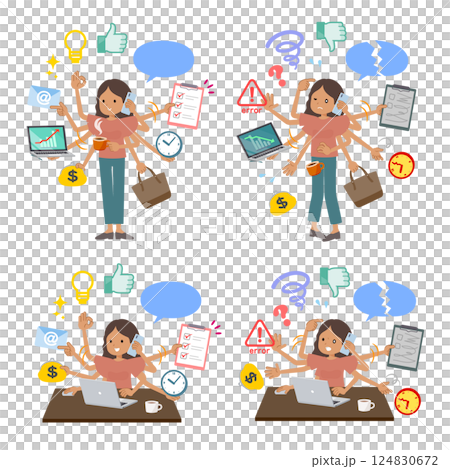 オフィスでマルチタスクをこなす褐色肌女性のセット オフィスでマルチタスクをこなす褐色肌女性のセット 124830672