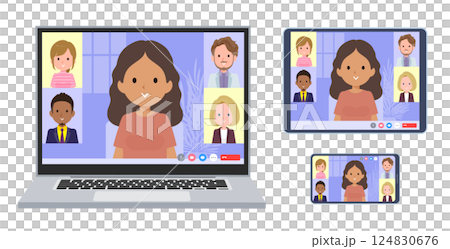 Set of dark skinned women having online meetings 124830676