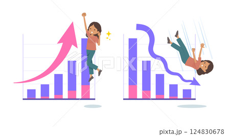 業績アップと業績ダウンを表現する褐色肌女性のセット 124830678