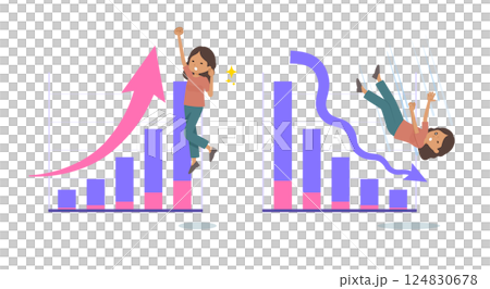 業績アップと業績ダウンを表現する褐色肌女性のセット 124830678