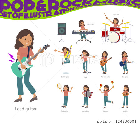 ロックンロールやポップミュージックを演奏する褐色肌女性のセット 124830681