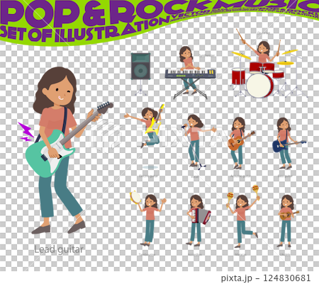 ロックンロールやポップミュージックを演奏する褐色肌女性のセット 124830681