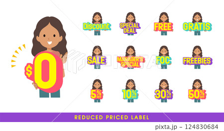 お得な表記を持つ褐色肌女性のセット。英語。編集が容易なベクターアートです。 お得な表記を持つ褐色肌女性のセット。英語。編集が容易なベクターアートです。 124830684