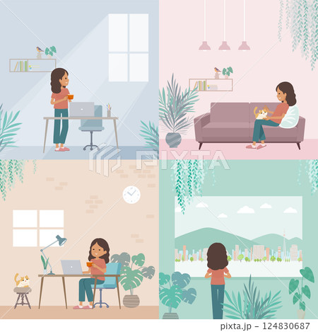 部屋でくつろぐ褐色肌女性のセット 部屋でくつろぐ褐色肌女性のセット 124830687