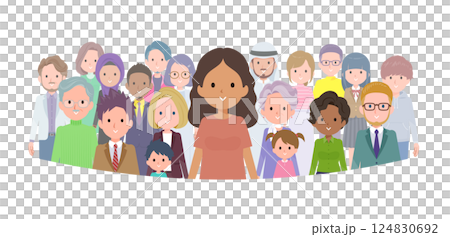 A set of dark skinned women standing in front of a crowd 124830692