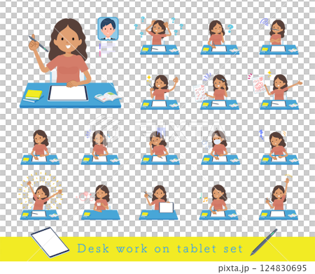 タブレット端末で学習する褐色肌女性のセット タブレット端末で学習する褐色肌女性のセット 124830695