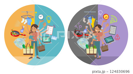 オフィスとプライベートでマルチタスクをこなす褐色肌女性のセット 124830696