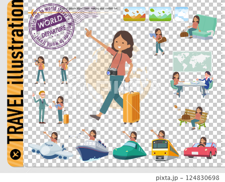 Set of dark skinned women on travel Set of dark skinned women on travel 124830698