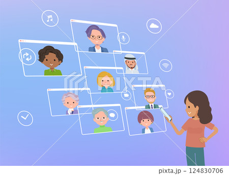 スマートフォンを使ってオンラインコミュニケーションをとっている褐色肌女性のセット スマートフォンを使ってオンラインコミュニケーションをとっている褐色肌女性のセット 124830706