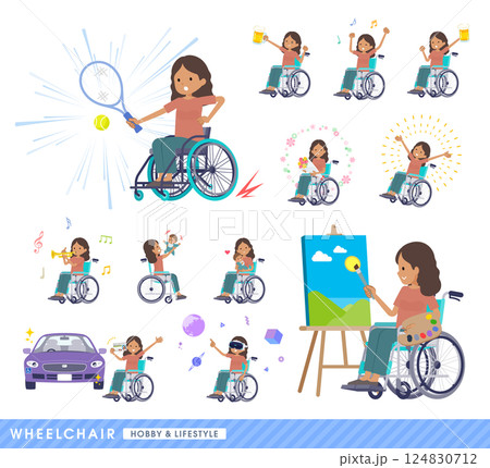 車椅子に乗る褐色肌女性のセット 124830712