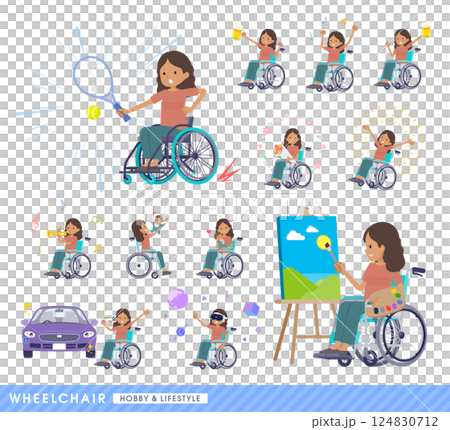 Set of dark skinned women in wheelchairs 124830712