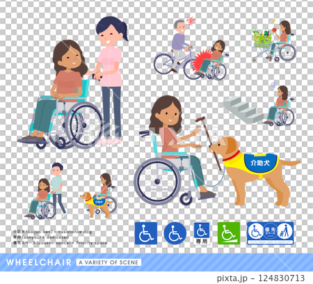 車椅子に乗る褐色肌女性のセット 124830713