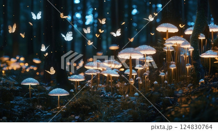 光るキノコと蝶が舞う魔法の森 124830764