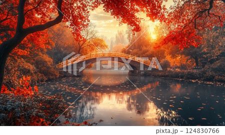夕日に染まる橋と紅葉の幻想的な風景 夕日に染まる橋と紅葉の幻想的な風景 124830766