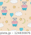 Seamless cartoon pattern with teddy bears, clouds, stars, and the moon in soft pastels. Perfect for fabric, textiles, background and baby decor Seamless cartoon pattern with teddy bears, clouds, stars, and the moon in soft pastels. Perfect for fabric, textiles, background and baby decor 124830876