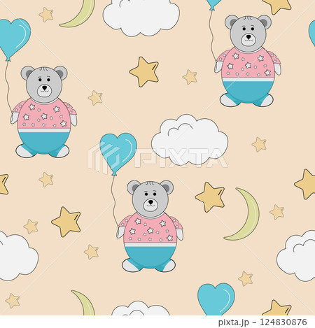 Seamless cartoon pattern with teddy bears, clouds, stars, and the moon in soft pastels. Perfect for fabric, textiles, background and baby decor Seamless cartoon pattern with teddy bears, clouds, stars, and the moon in soft pastels. Perfect for fabric, textiles, background and baby decor 124830876