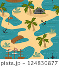 Seamless pattern with a cartoon-style island featuring palm trees, a cave, a signpost, a ship, and the sea. Perfect for children's games, fabrics, backgrounds, wrappers, textiles, paper, and endpapers Seamless pattern with a cartoon-style island featuring palm trees, a cave, a signpost, a ship, and the sea. Perfect for children's games, fabrics, backgrounds, wrappers, textiles, paper, and endpapers 124830877