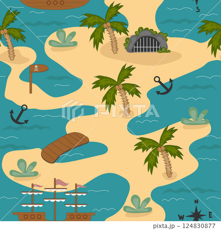 Seamless pattern with a cartoon-style island featuring palm trees, a cave, a signpost, a ship, and the sea. Perfect for children's games, fabrics, backgrounds, wrappers, textiles, paper, and endpapers Seamless pattern with a cartoon-style island featuring palm trees, a cave, a signpost, a ship, and the sea. Perfect for children's games, fabrics, backgrounds, wrappers, textiles, paper, and endpapers 124830877