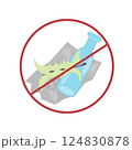 Minimal vector of a no littering sign. A bottle and paper being thrown away are crossed out. Ideal for environmental campaigns, parks, and public cleanliness messagess Minimal vector of a no littering sign. A bottle and paper being thrown away are crossed out. Ideal for environmental campaigns, parks, and public cleanliness messagess 124830878