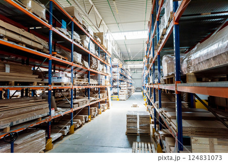 Warehouse industrial company. Commercial warehouse. Crates stacked Warehouse industrial company. Commercial warehouse. Crates stacked 124831073