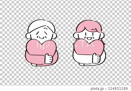 Illustration of a senior couple embracing a heart 124831189