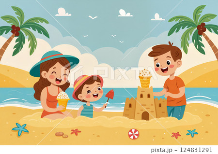 Family Enjoying a Sunny Day at the Beach While Making a Sandcastle and Eating Ice Cream 124831291