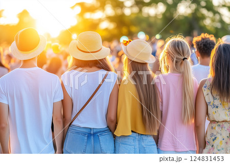 Group of Young People Wearing Hats Walking Together on a Busy City Street During Sunset 124831453