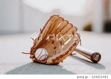 Baseball Equipment with Glove, Bat, and Ball on the Field in a Warm Sunlight Setting 124831481