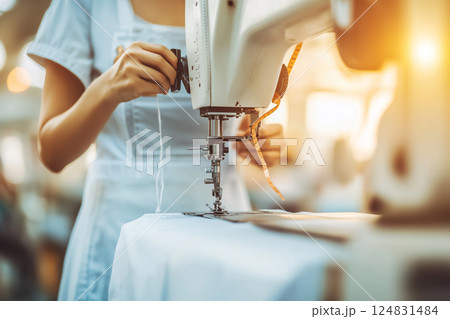 Sewing Machine Close-Up With Hands Using Tape Measure and Scissors for Precision Crafting Tasks 124831484