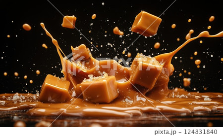 Splashing And Exploding Molten Caramel With Broken Salted Pieces On A Dark Background - Deliciously Decadent Confectionery Display. 124831840