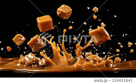 Dazzling Display Of Molten Caramel And Salted Caramel Chunks Bursting On A Dark Background - A Sweet Sensation! 124831841