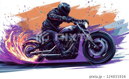 Motorcyclist In Protective Gear And Leather Jacket Rides A Motorcycle While Wearing Protective Gloves For Safety On The Road. 124831916