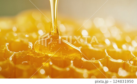 Close-Up Of Honey Dripping From Honeycomb On White Background. Macro Shot Of Honey Droplet Falling From Beehive. Healthy Eating, Nutrition, Weight Loss. 124831950