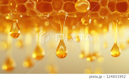 Close-Up Shot Of Honey Oozing From Honeycomb Onto A White Surface. Macro Image Of Honey Droplet Falling From Comb. Health Benefits Of Honey In Nutrition. 124831952