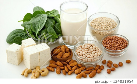 Top Vegan Protein Sources: Tofu, Vegan Milk, Beans, Lentils, Nuts, Soy Milk, Spinach, Seeds - All On A White Table With Healthy Diet Options. 124831954