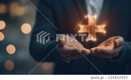 Businessman Holding Plus Sign Offering Positive Things, Added Value, Benefits, Opportunities, Growth Mind, Health Insurance, And Development Opportunities. 124832033