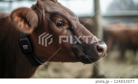 Modern Farm Livestock Husbandry Animal: Smart Collar Enhances Cows Jersey'S Monitoring Within Frame. 124832077