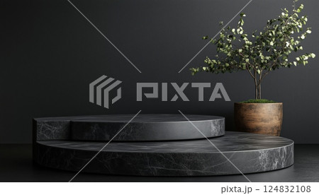 Rendered Black Stone Podium For Product Display On Black Background Shows Modern And Elegant Design For Showcasing Products In Style. 124832108