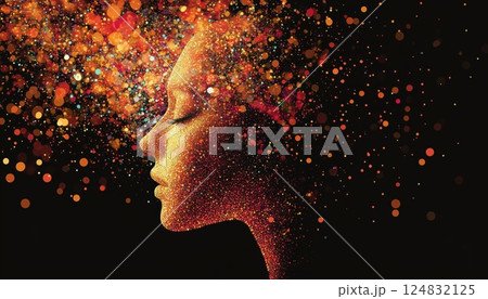Futuristic Portrait: Human Head Silhouette Composed Of Dots And Particles. Symbolizing Ai, Vr, Deep Learning, And Face Recognition Technologies. 124832125