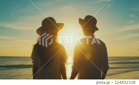 Young Couple Embracing The Beauty Of The Sun On The Beach During Summer Vacation Travel - Serene And Romantic Getaway 124832126
